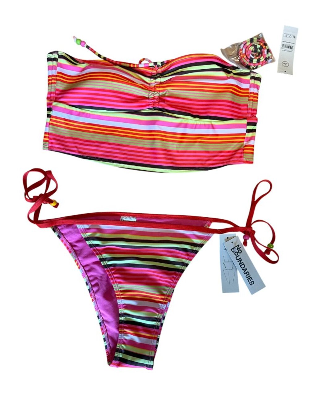 No Boundaries Multicolor Striped Bandeau Bikini Set – Size L (12‑14) NWT
